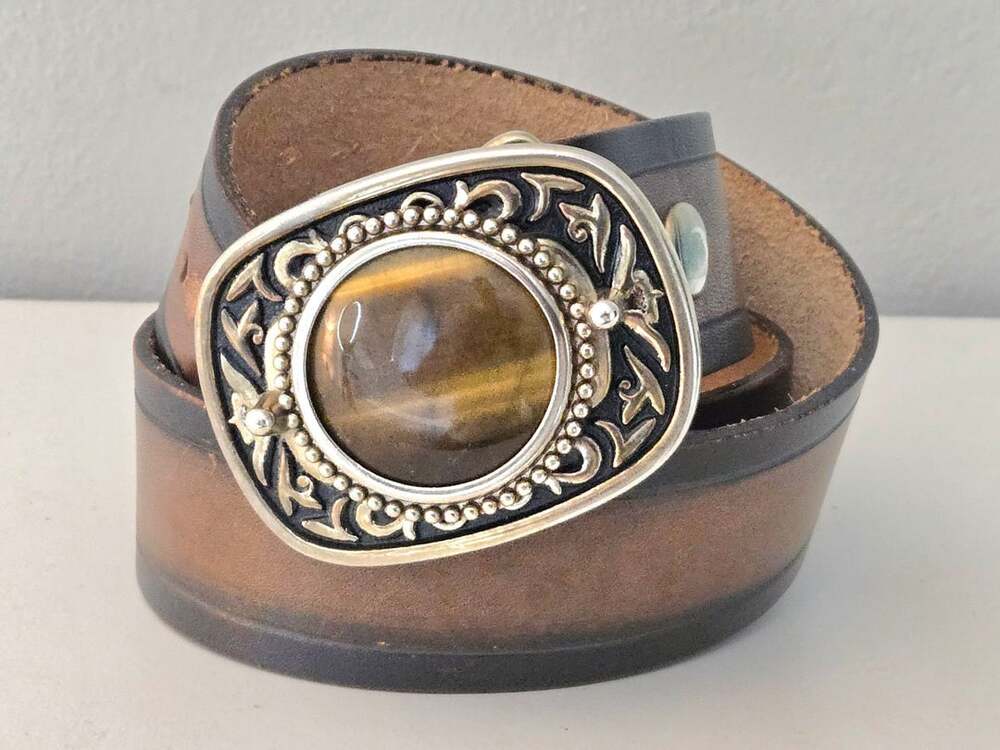 Genuine Leather Tiger Eye Stone Buckle Belt Size 36 Brown Made In USA